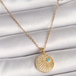 316L Çelik Gold Renk Zincir Zirkon Taş İşlemeli Mavi Detaylı Madalyon Model Kadın Kolye