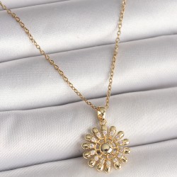 316L Çelik Gold Renk Zincir Zirkon Taşlı Güneş Model Kadın Kolye