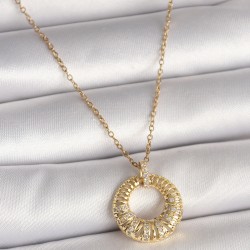 316L Çelik Gold Renk Zincir Zirkon Taş İşlemeli Daire Model Kadın Kolye