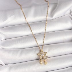 316L Çelik Gold Renk Zincir Zirkon Taşlı Yıldız Model Sallanı Ay Detay Kadın Kolye