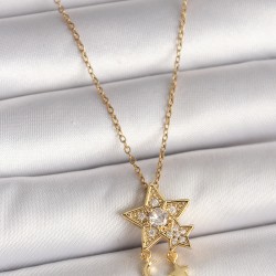 316L Çelik Gold Renk Zincir Zirkon Taşlı Yıldız Model Sallanı Ay Detay Kadın Kolye