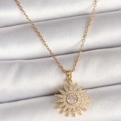 316L Çelik Gold Renk Zincir Zirkon Taşlı Güneş Model Kadın Kolye