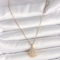 316L Çelik Gold Renk Zincir Zirkon Taşlı Güneş Model Kadın Kolye