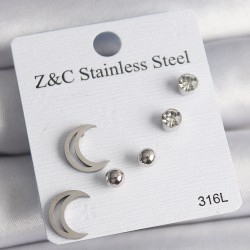 316L Çelik Gümüş Renk Zirkon Taşlı Hilal Model Kadın Küpe Seti