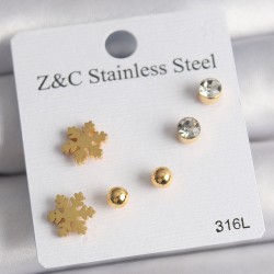 316L Çelik Gold Renk Zirkon Taşlı Kar Tanesi Model Kadın Küpe Seti