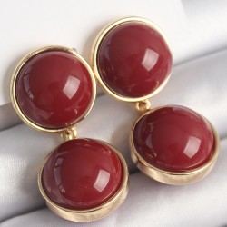 Pirinç Gold Renk Sallantı Bordo Daire Model Kadın Küpe