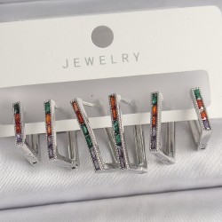 Pirinç Gümüş Renk Renkli Zirkon Taşlı Kare Model Kadın Küpe Seti