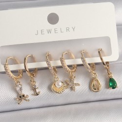 Pirinç Gold Renk Zirkon Taşlı İnci Detay Çoklu Figür Kadın Küpe Seti
