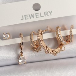 Pirinç Gold Renk Sallantı Zirkon Taşlı Halka Model Damla Taş Detay Çoklu Kadın Küpe Seti
