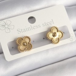 316L Çelik Gold Renk İşleme Detaylı Yonca Model Kadın Küpe