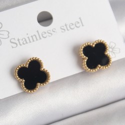316L Çelik Gold Renk Siyah Yonca Model Kadın Küpe