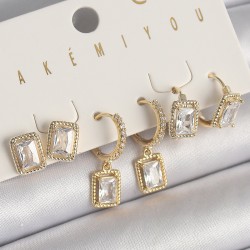 Pirinç Gold Renk Sallantı Kare Zirkon Taşlı VIP Seri Kadın Küpe Seti