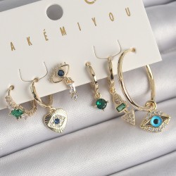 Pirinç Gold Renk Sallantı Zirkon Taşlı Göz Figür VIP Seri Kadın Küpe Seti