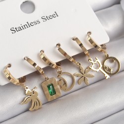 316L Çelik Gold Renk Sallantı Çoklu Figür Model Zirkon Taş Detaylı Kadın Küpe Seti