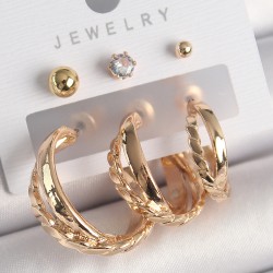 Pirinç Gold Renk 3'Lü Halka Model Zirkon Taş Topçuk Kadın Küpe Seti
