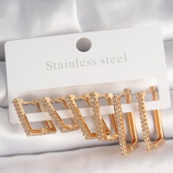 Pirinç Gold Renk Zirkon Taşlı 3 Çift Kare Model Kadın Küpe