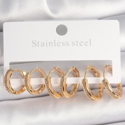 Pirinç Gold Renk Zirkon Taşlı 3 Çift Daire Model Kadın Küpe