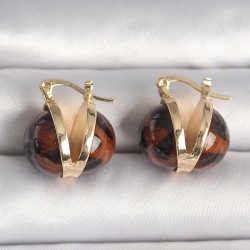 Pirinç Gold Renk Leopar Desen 3D Daire Model Kadın Küpe