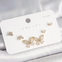 925 Ayar Çivi Gümüş Pirinç Gold Renk Zirkon Taşlı Kelebek Model Kadın Küpe Seti