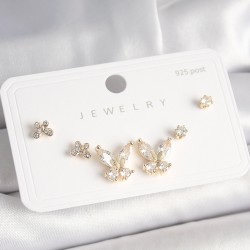 925 Ayar Gümüş Çivi Pirinç Gold Renk Zirkon Taşlı Kelebek Model Kadın Küpe Seti