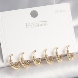 925 Ayar Gümüş Çivi Pirinç Gold Renk Kalp İşlemeli Halka Model Kadın Küpe Seti