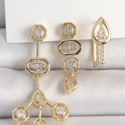 Pirinç Gold Renk Zirkon Taşlı Geometrik Model 3'Lü Kadın Kombin Küpe