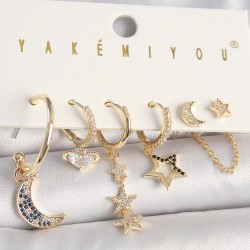 Pirinç Gold Renk Zirkon Taşlı Yıldız Model Hilal Detay 6'Lı Kadın Kombin Küpe