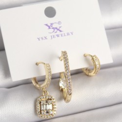 Pirinç Gold Renk Zirkon Taşlı Baget Halka Model 3'Lü Kadın Kombin Küpe