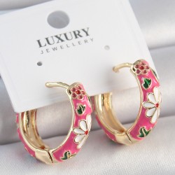 Pirinç Gold Renk Halka Model Pembe Çiçek İşlemeli Kadın Küpe