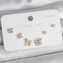 Pirinç Gold Renk Zirkon Taşlı Kuğu Model 925 Ayar Gümüş Çivi Kadın Küpe Seti