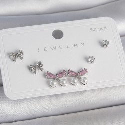 Pirinç Gümüş Renk Pembe Zirkon Taşlı Kurdele Model İnci Detay 925 Ayar Çivi Kadın Küpe Seti