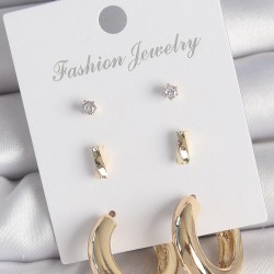 Pirinç Gold Renk Zirkon Taşlı Halka Model 3 Çift Kadın Küpe Seti