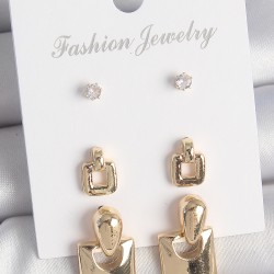 Pirinç Gold Renk Zirkon Taşlı Sallantılı Kare Model 3 Çift Kadın Küpe Seti