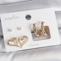 Pirinç Gold Renk Zirkon Taşlı Halka Model Kalp Detay 3 Çift Kadın Küpe Seti
