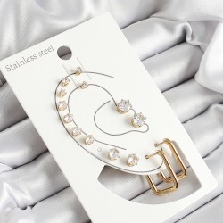 316L Çelik Dikdörtgen Figürlü Ve Zirkon Taşlı Gold Renk 7'li Çift Kadın Küpe Set