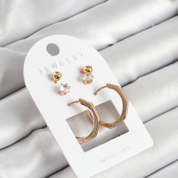 Pirinç Zirkon Taş Ve Kemik Halka Figürlü Gold Renk 3'lü Çift Kadın Küpe Set