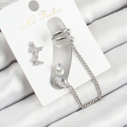 Pirinç Kelebek Figürlü Zirkon Taşlı Gümüş Renk 3'lü Kıkırdak Kadın Küpe Set