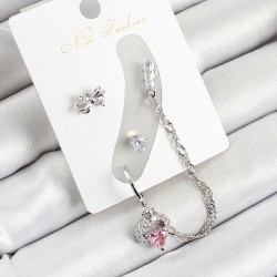 Pirinç Fiyonk ve Kalp Figürlü Zirkon Taşlı Gümüş Renk 3'lü Kıkırdak Kadın Küpe Set