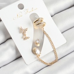 Pirinç Kelebek Figürlü Zirkon Taşlı Gold Renk 3'lü Kıkırdak Kadın Küpe Set