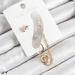 Pirinç Fiyonk ve Kalp Figürlü Zirkon Taşlı Gold Renk 3'lü Kıkırdak Kadın Küpe Set