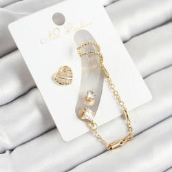 Pirinç Kalp Figürlü Zirkon Taşlı Gold Renk 3'lü Kıkırdak Kadın Küpe Set
