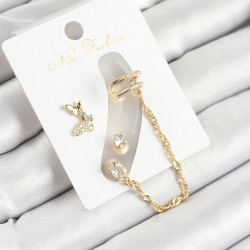 Pirinç Kelebek Figürlü Zirkon Taşlı Gold Renk 3'lü Kıkırdak Kadın Küpe Set