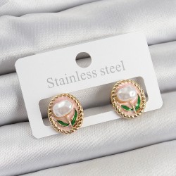 Pirinç Pembe Mineli Lale Figürlü Sanatsal Portre Model Gold Renk Kadın Küpe