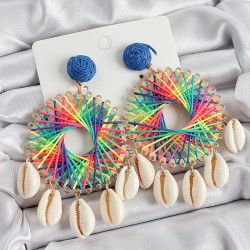 Rainbow Hasır Örgü Sarmal Model Sallantılı Deniz Kabuğu Detaylı Gold Renk Kadın Küpe