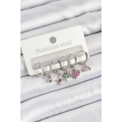 Pirinç Zirkon Taşlı Karpuz Yonca Kalp Pusula Karışık Model Gümüş Renk 6'lı Set Kadın Küpe