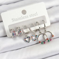 Pirinç Zirkon Taşlı Kalp Ve Halka Model Gold Renk 6'lı Set Kadın Küpe