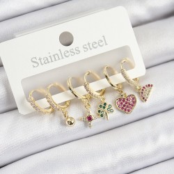 Pirinç Zirkon Taşlı Karpuz Yonca Kalp Pusula Karışık Model Gold Renk 6'lı Set Kadın Küpe