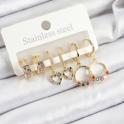 Pirinç Zirkon Taşlı Kalp Ve Halka Model Gold Renk 6'lı Set Kadın Küpe