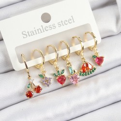 Pirinç Zirkon Taşlı Meyve Temalı Karışık Model Gold Renk 6'lı Set Kadın Küpe