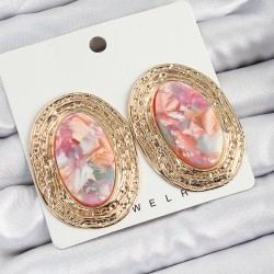 Pirinç Mermer Desenlli Pembe Sedef Oval Vintage Model Gold Renk Kadın Küpe